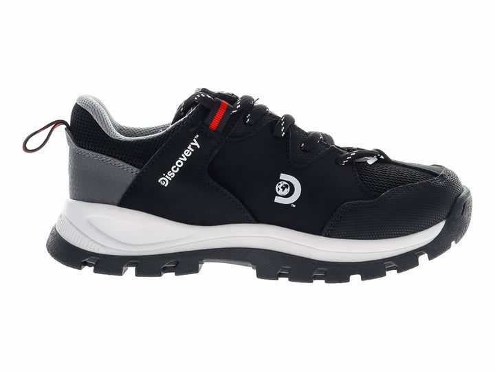 Botas infantiles Discovery color negro con suela blanca y detalles en gris, estilo deportivo y resistente.