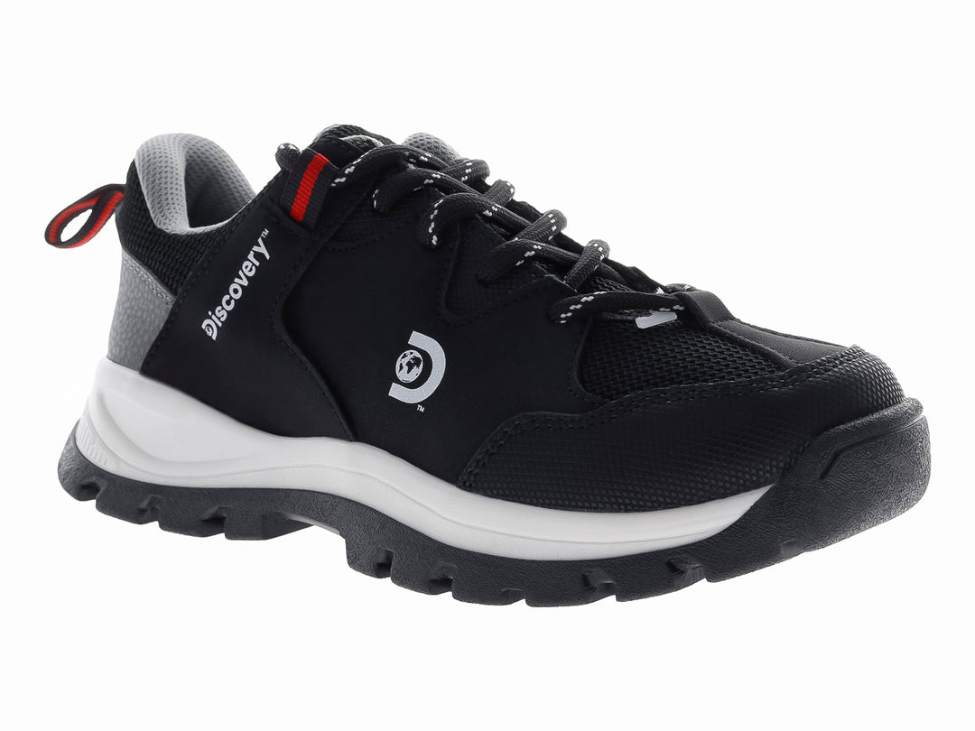 Botas infantiles Discovery color negro con suela blanca y detalles en gris, estilo deportivo y resistente.