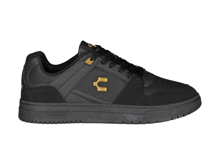 Tenis deportivos Charly color negro con detalles en dorado y suela negra.