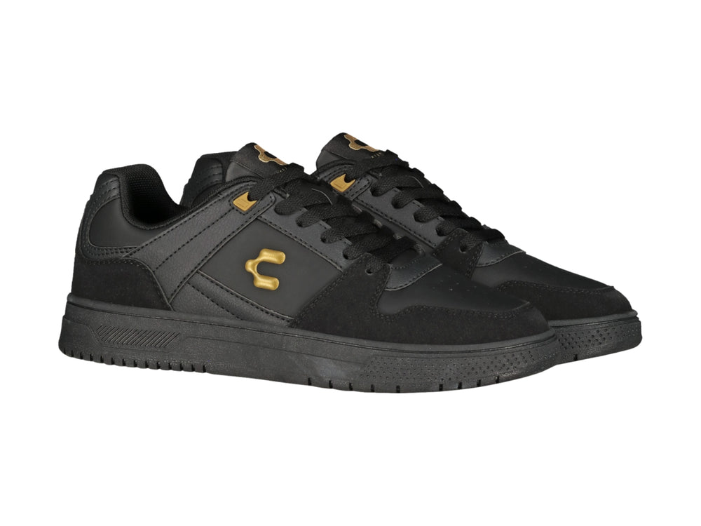 Tenis deportivos Charly color negro con detalles en dorado y suela negra.