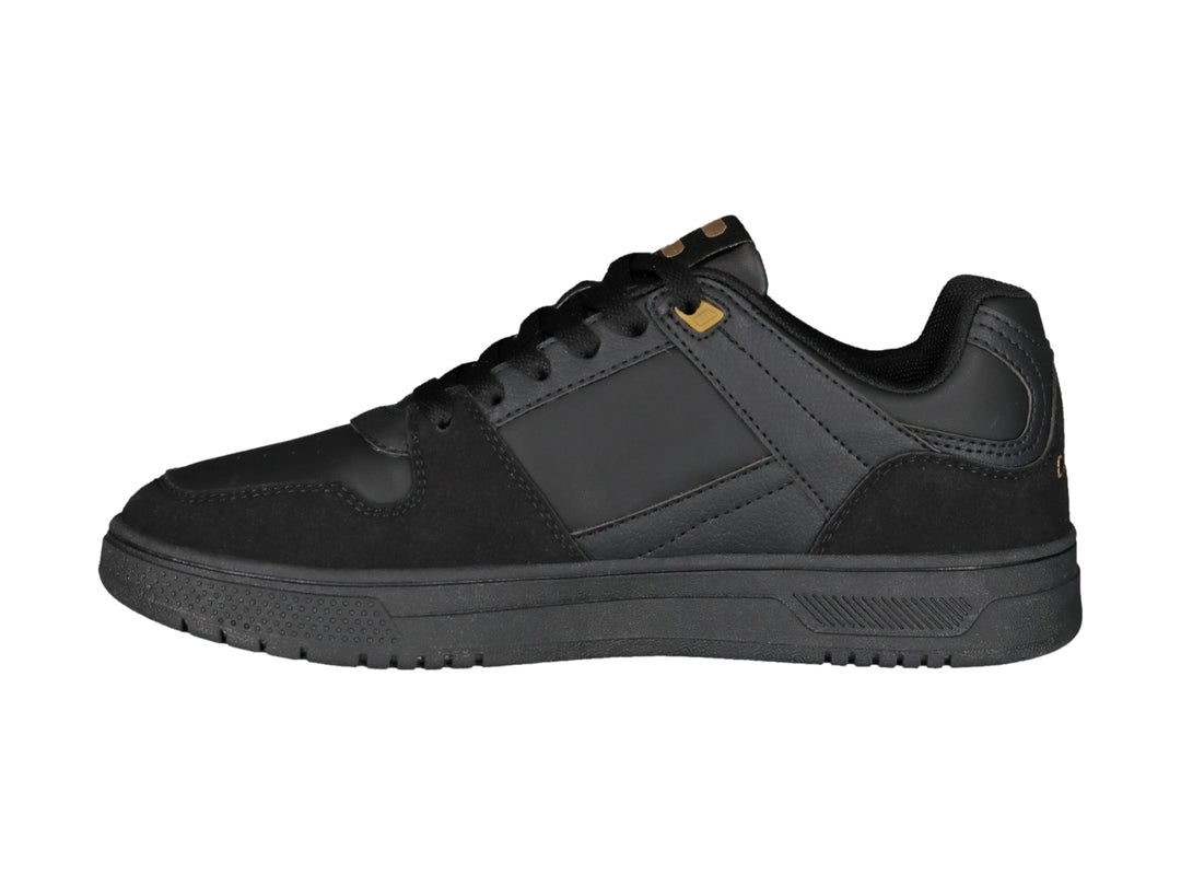 Tenis deportivos Charly color negro con detalles en dorado y suela negra.