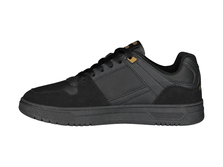 Tenis deportivos Charly color negro con detalles en dorado y suela negra.