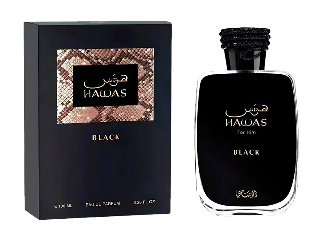 Perfume Rasasi Hawas Black de 100 ml en botella y caja negras con detalles dorados.