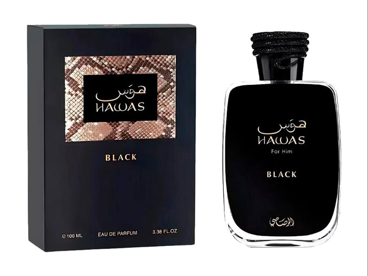 Perfume Rasasi Hawas Black de 100 ml en botella y caja negras con detalles dorados.