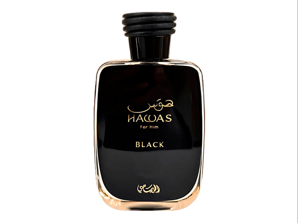 Perfume Rasasi Hawas Black de 100 ml en botella y caja negras con detalles dorados.