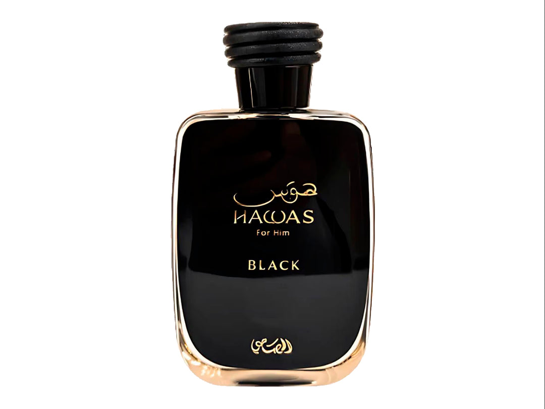 Perfume Rasasi Hawas Black de 100 ml en botella y caja negras con detalles dorados.
