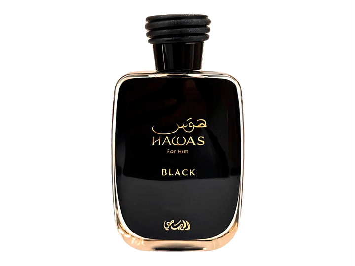 Perfume Rasasi Hawas Black de 100 ml en botella y caja negras con detalles dorados.