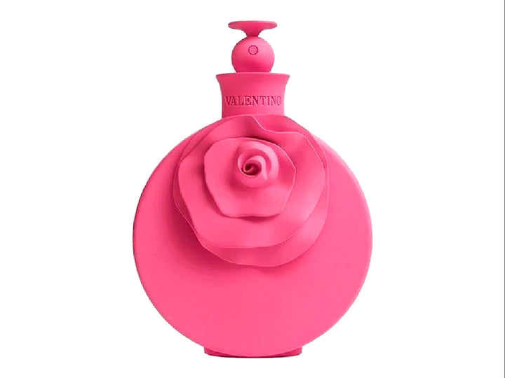 Perfume Valentino Pink de 80ml con frasco circular adornado con una rosa y su caja rectangular en color rosa.