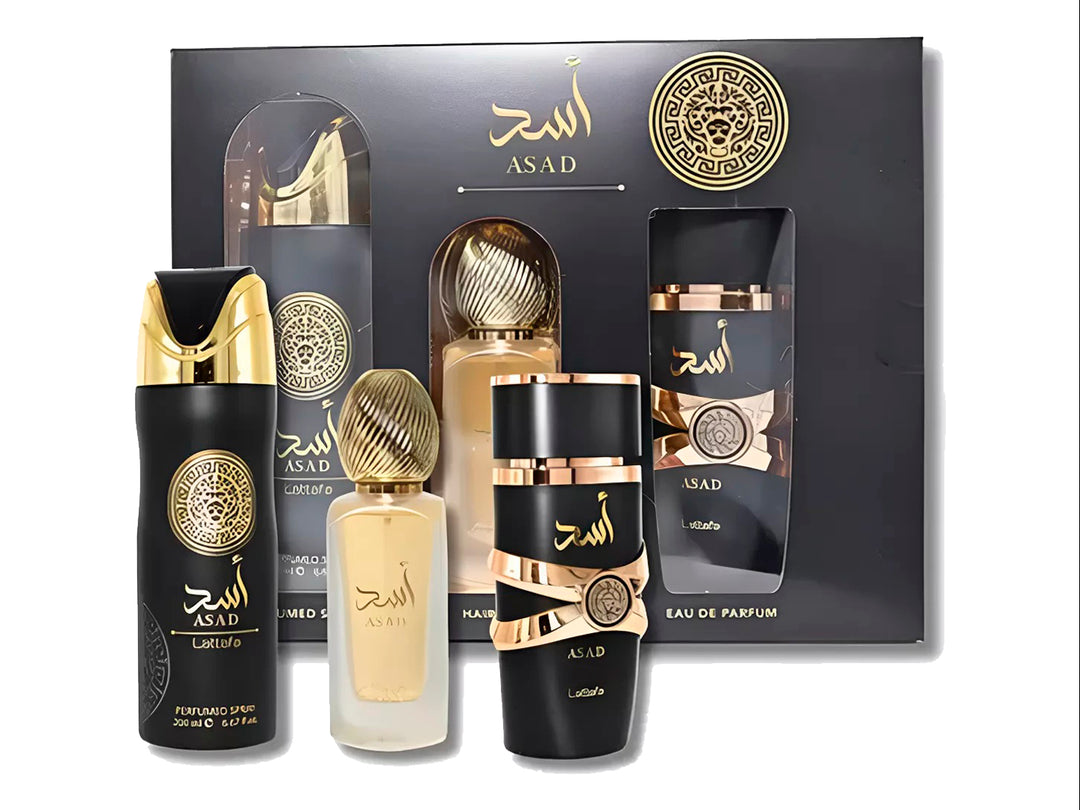 Set de perfumes Lattafa Asad en color negro y dorado, incluye tres productos y su caja de presentación.