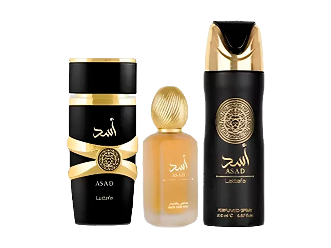 Set de perfumes Lattafa Asad en color negro y dorado, incluye tres productos y su caja de presentación.