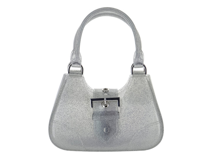 Bolso de hombro pequeño color blanco con glitter brillante, asa corta y cierre con hebilla metálica.