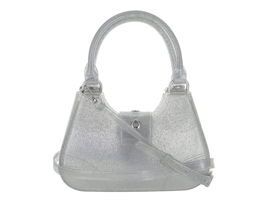 Bolso de hombro pequeño color blanco con glitter brillante, asa corta y cierre con hebilla metálica.