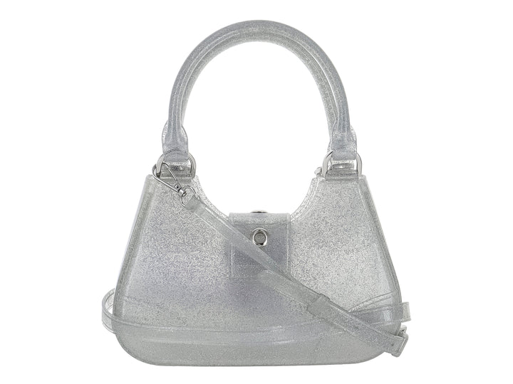 Bolso de hombro pequeño color blanco con glitter brillante, asa corta y cierre con hebilla metálica.