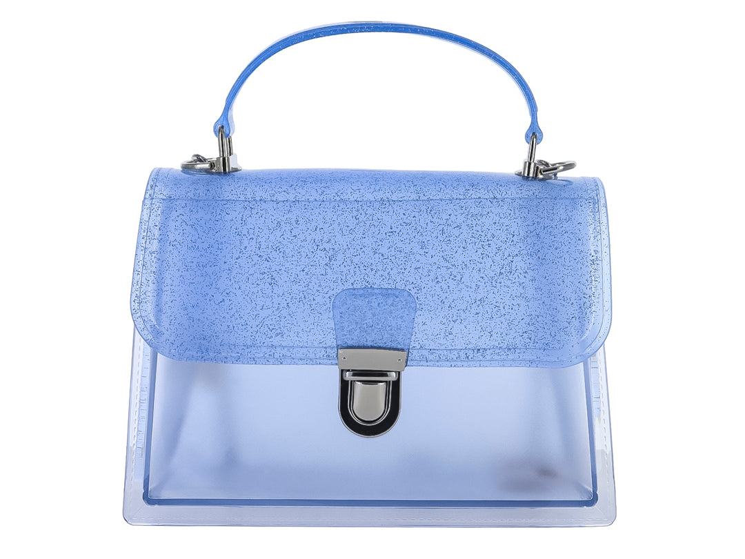 Bolso de hombro azul con acabado glitter y cuerpo transparente, asa corta y cierre metálico plateado.