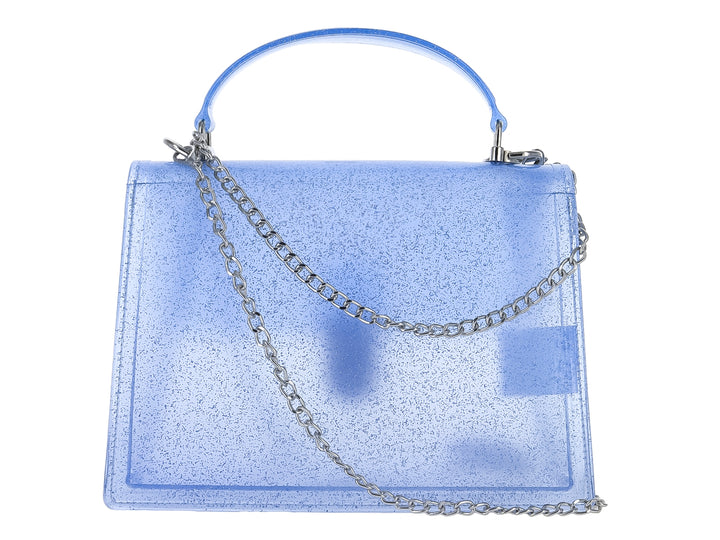 Bolso de hombro azul con acabado glitter y cuerpo transparente, asa corta y cierre metálico plateado.