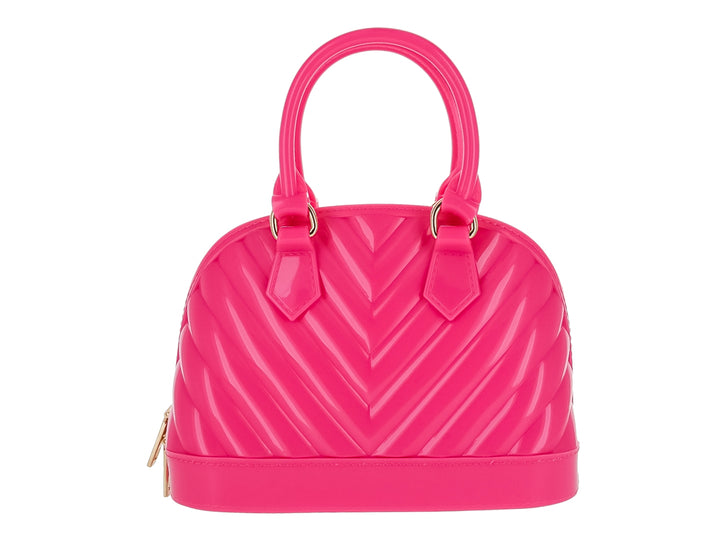 Bolso de mano color fushia con textura en relieve en forma de V y acabado brillante.