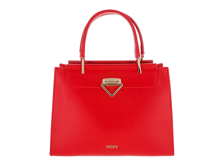 Bolso de mano color rojo con asa superior y herrajes dorados de la marca ROZE.