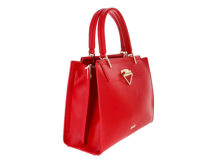 Bolso de mano color rojo con asa superior y herrajes dorados de la marca ROZE.