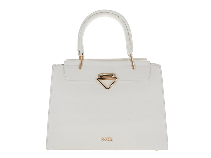 Bolso de mano ROZE color blanco latte con asa superior y cierre metálico dorado en forma triangular.