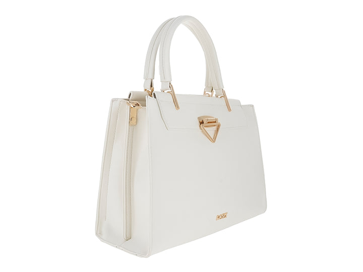 Bolso de mano ROZE color blanco latte con asa superior y cierre metálico dorado en forma triangular.