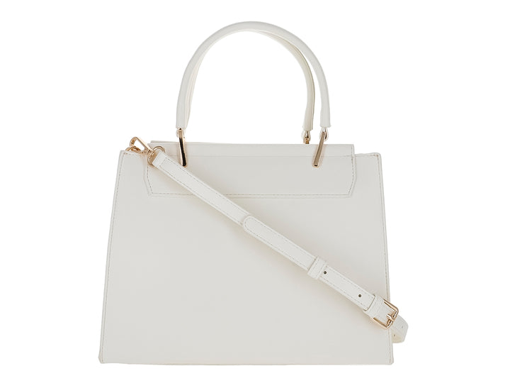 Bolso de mano ROZE color blanco latte con asa superior y cierre metálico dorado en forma triangular.