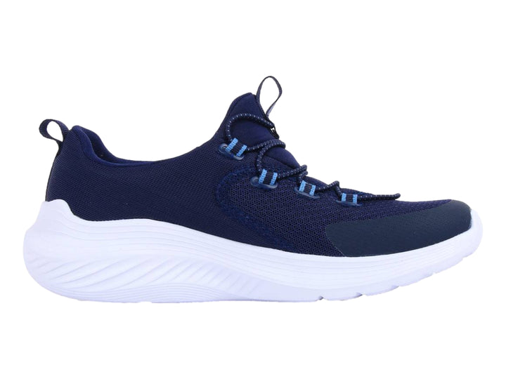 Tenis deportivos Skechers color azul marino con suela blanca y cordones elásticos.