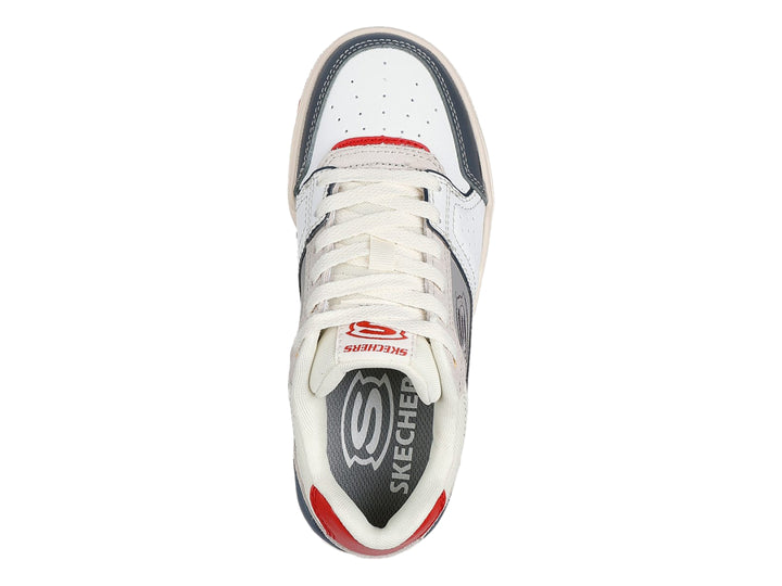 Tenis SKECHERS para Niño en colores blanco, gris y rojo con suela gruesa y cordones.