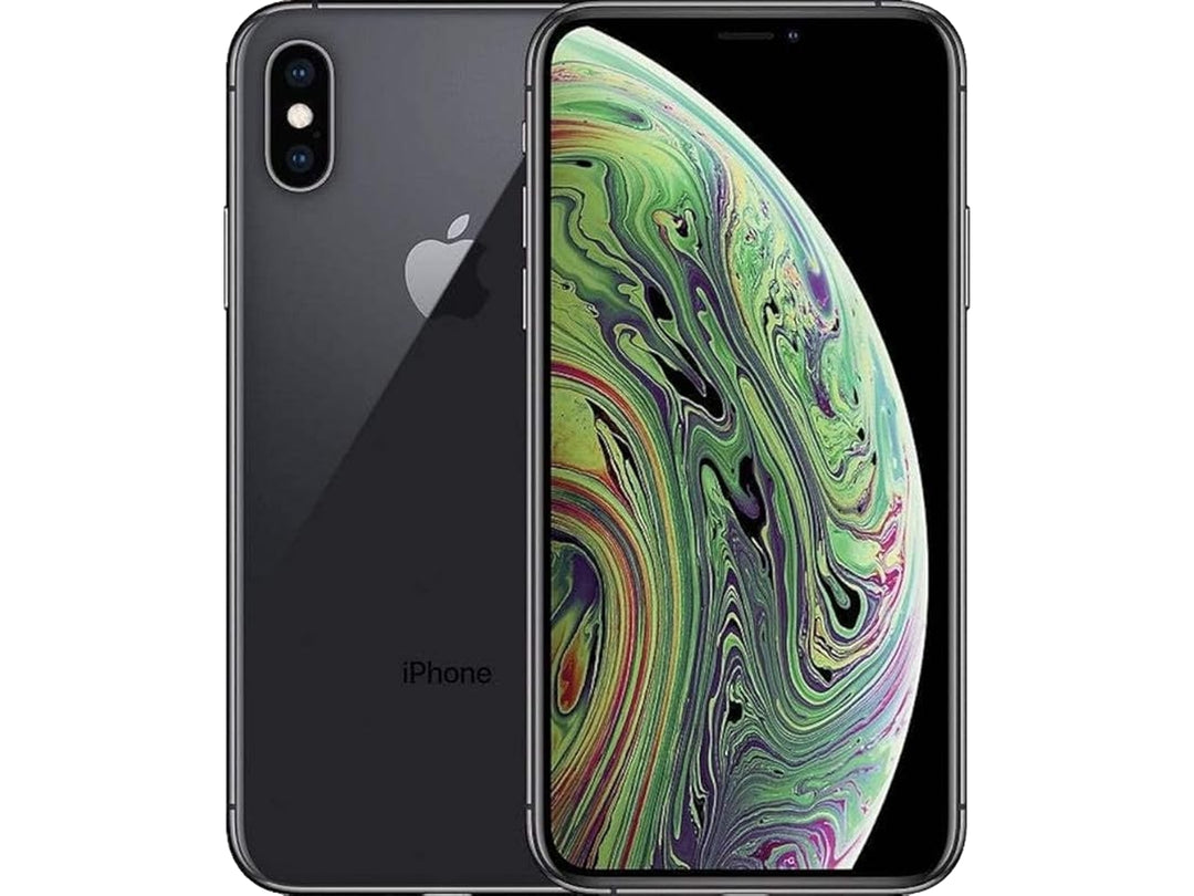Apple iPhone XS color gris, vista frontal y posterior sobre fondo blanco.