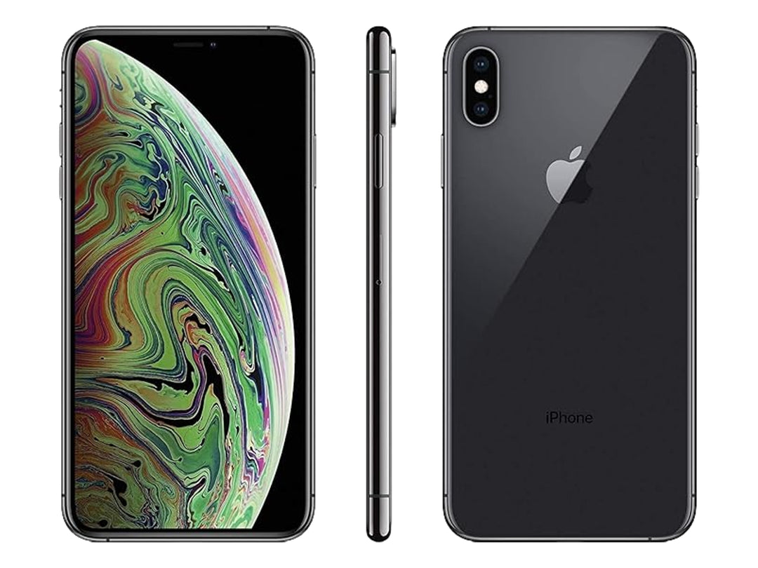 Apple iPhone XS color gris, vista frontal y posterior sobre fondo blanco.