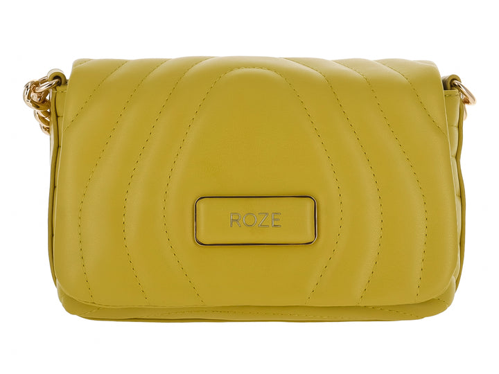 Bolso amarillo acolchado de marca ROZE con correa de cadena dorada y forma rectangular.