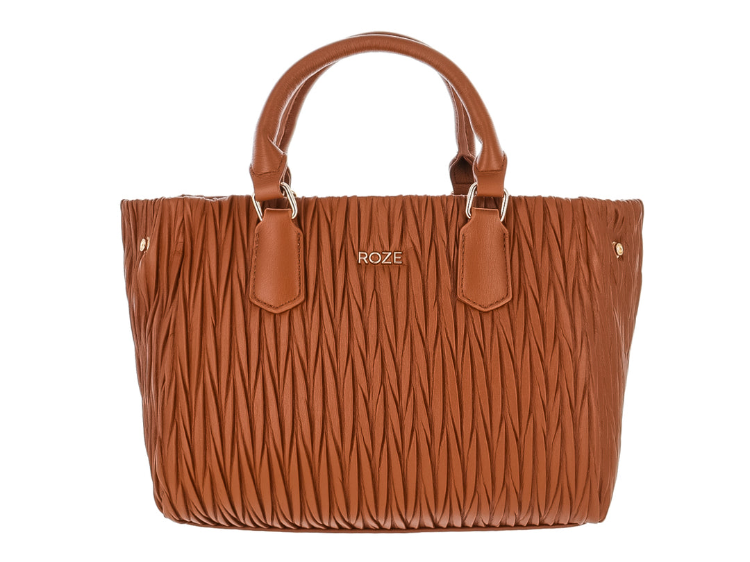 Bolsa de hombro color cognac con diseño plisado y asas cortas.