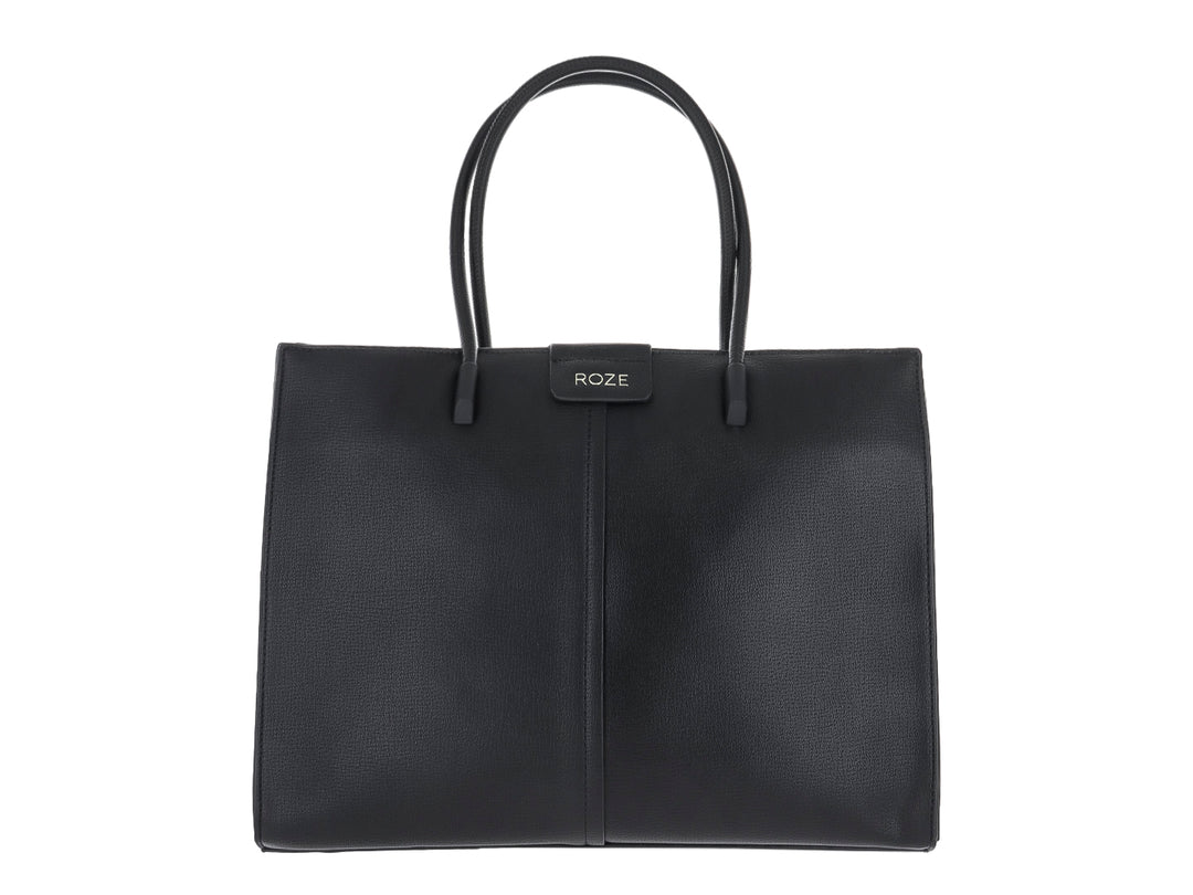 Bolsa de hombro color negro de la marca ROZE con textura rugosa y asas largas.