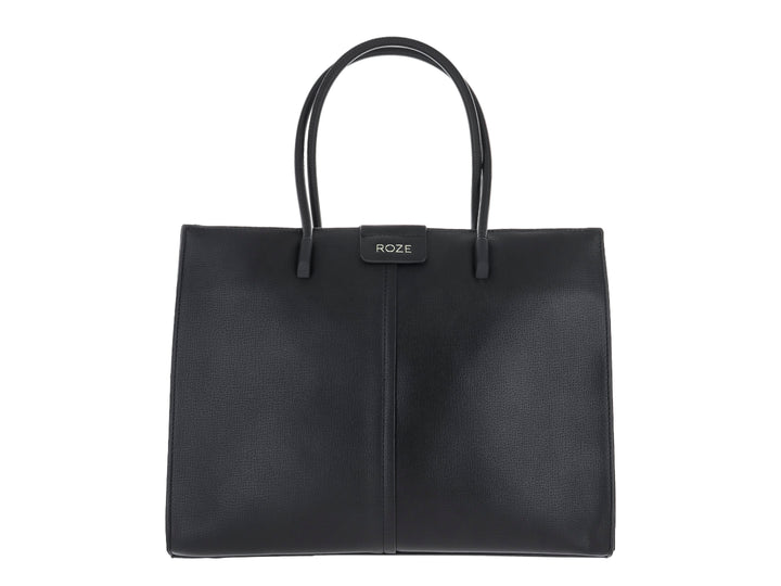 Bolsa de hombro color negro de la marca ROZE con textura rugosa y asas largas.