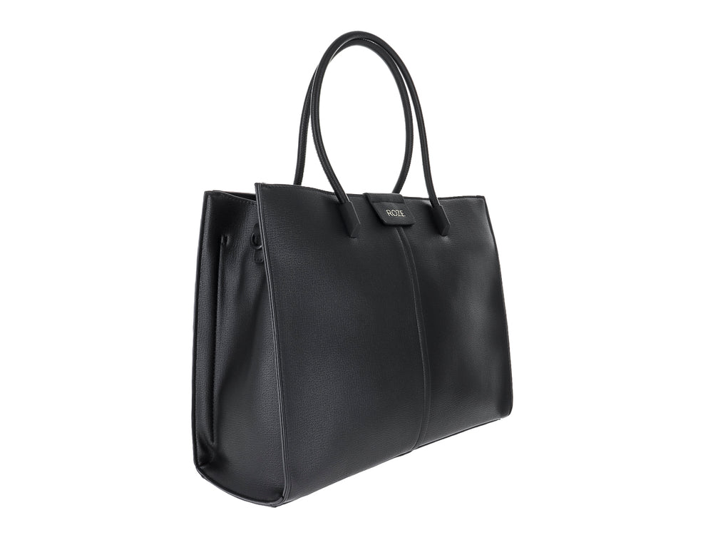 Bolsa de hombro color negro de la marca ROZE con textura rugosa y asas largas.