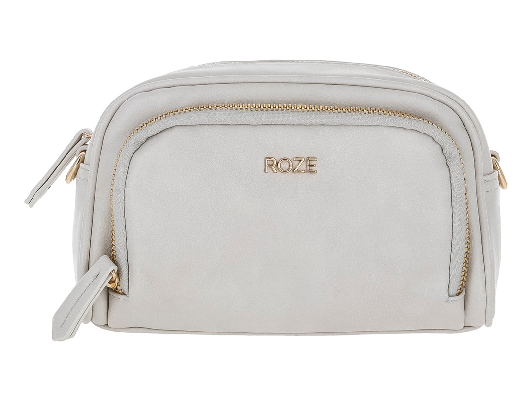 Bolso pequeño de color blanco marca ROZE con cierre dorado y diseño ovalado.