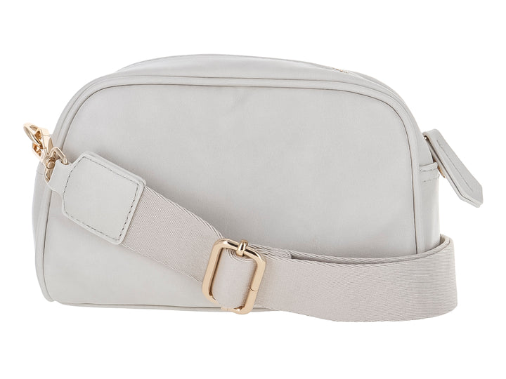Bolso pequeño de color blanco marca ROZE con cierre dorado y diseño ovalado.