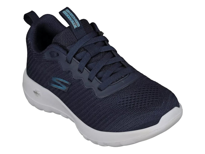 Tenis deportivos Skechers color azul marino con suela blanca y tejido transpirable.