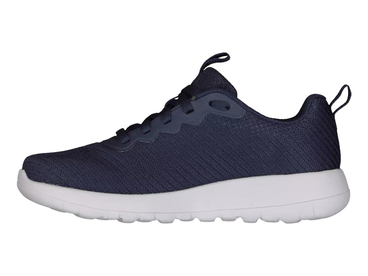 Tenis deportivos Skechers color azul marino con suela blanca y tejido transpirable.