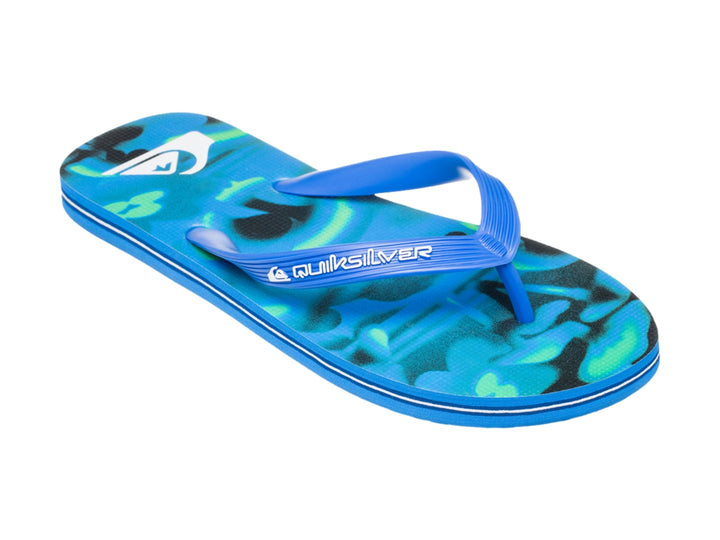 Sandalia tipo flip-flop de color azul con suela plana y correa sencilla de la marca Quiksilver.