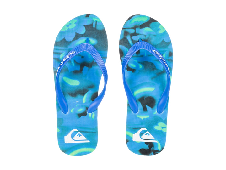 Sandalia tipo flip-flop de color azul con suela plana y correa sencilla de la marca Quiksilver.