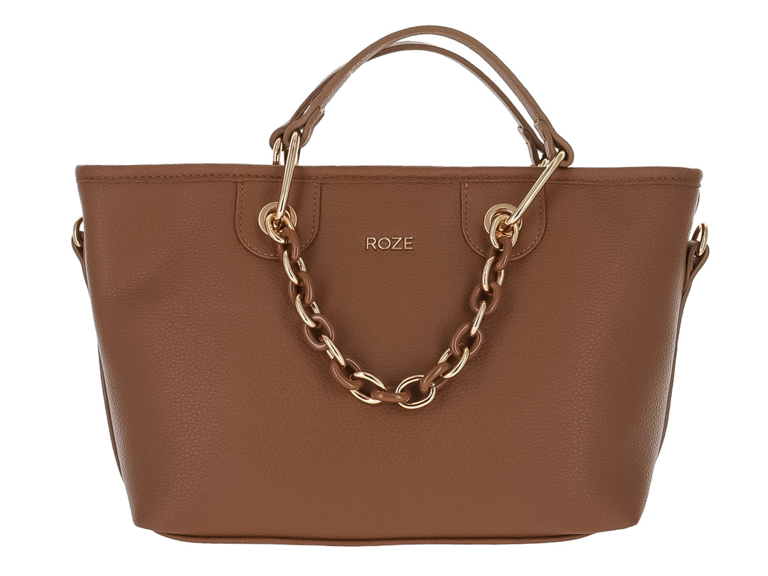 Bolso de hombro color marrón con detalles de cadena dorada y asas superiores de la marca ROZE.