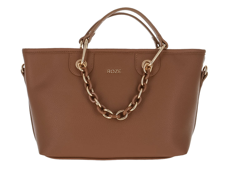Bolso de hombro color marrón con detalles de cadena dorada y asas superiores de la marca ROZE.