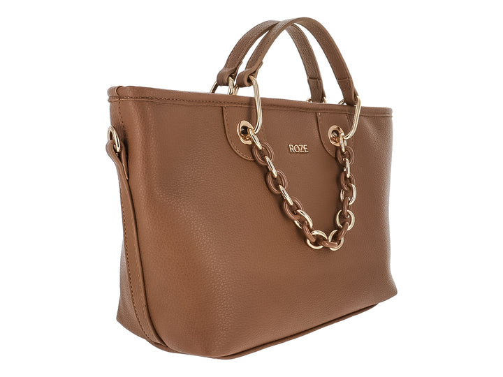 Bolso de hombro color marrón con detalles de cadena dorada y asas superiores de la marca ROZE.