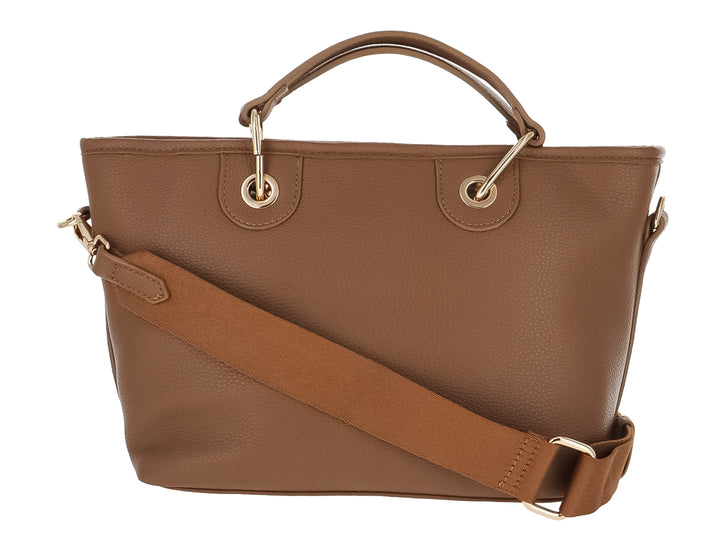 Bolso de hombro color marrón con detalles de cadena dorada y asas superiores de la marca ROZE.