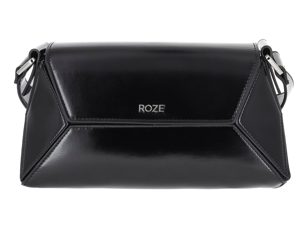 Bolso de hombro ROZE color negro con acabado brillante y diseño rectangular estructurado.