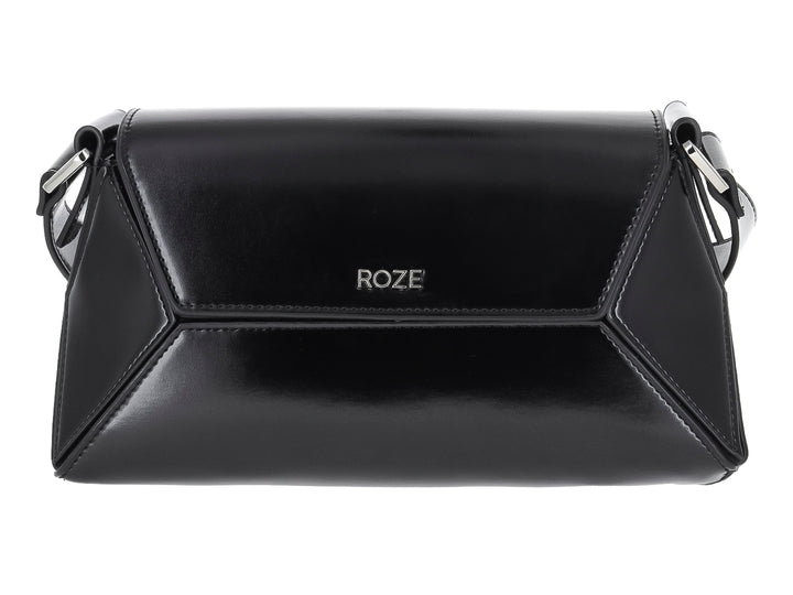 Bolso de hombro ROZE color negro con acabado brillante y diseño rectangular estructurado.