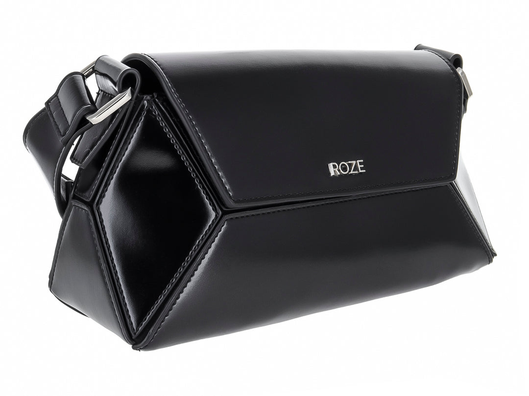 Bolso de hombro ROZE color negro con acabado brillante y diseño rectangular estructurado.