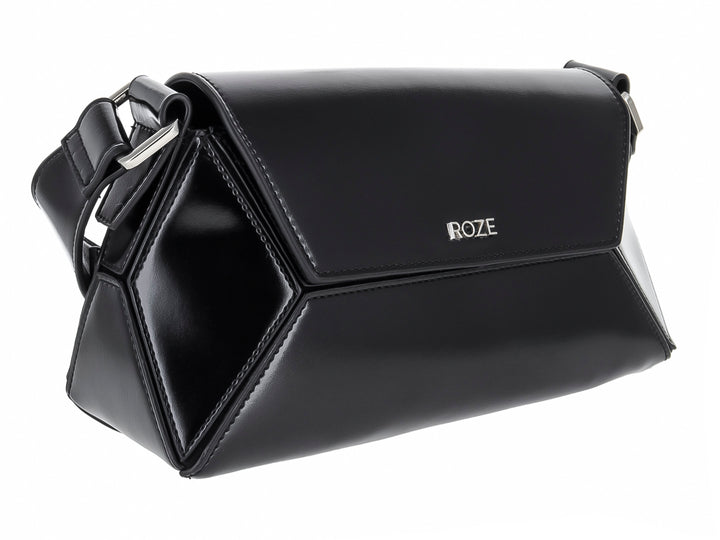 Bolso de hombro ROZE color negro con acabado brillante y diseño rectangular estructurado.