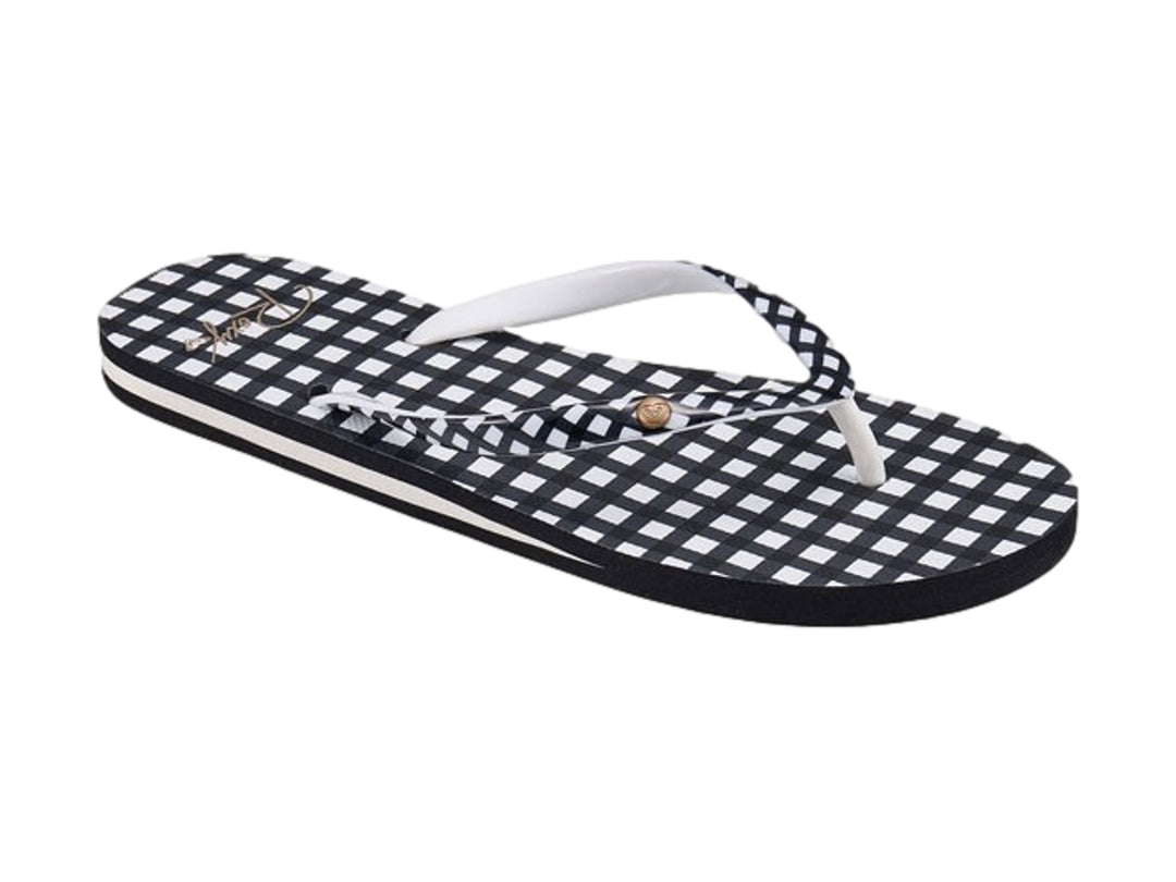Sandalias ROXY con diseño de cuadros blancos y negros y tiras blancas.