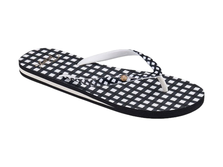 Sandalias ROXY con diseño de cuadros blancos y negros y tiras blancas.